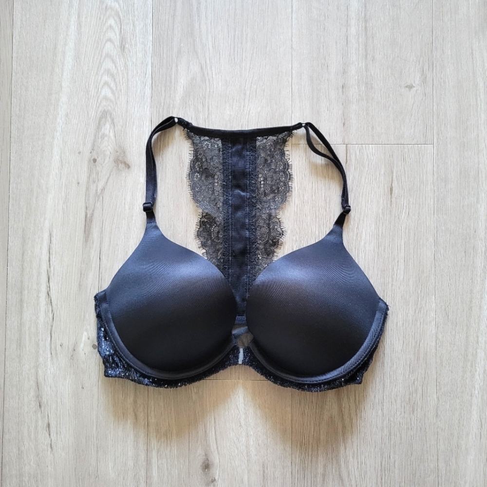 Victoria's Secret 32C Bombshell Racerback Black Lace Push Up Bra
